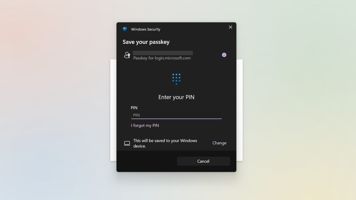 Creating a passkey for Microsoft account - default option