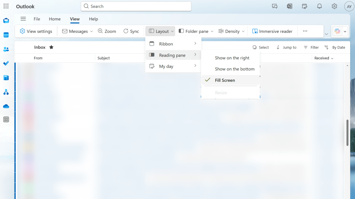 Reading pane options in Outlook for web