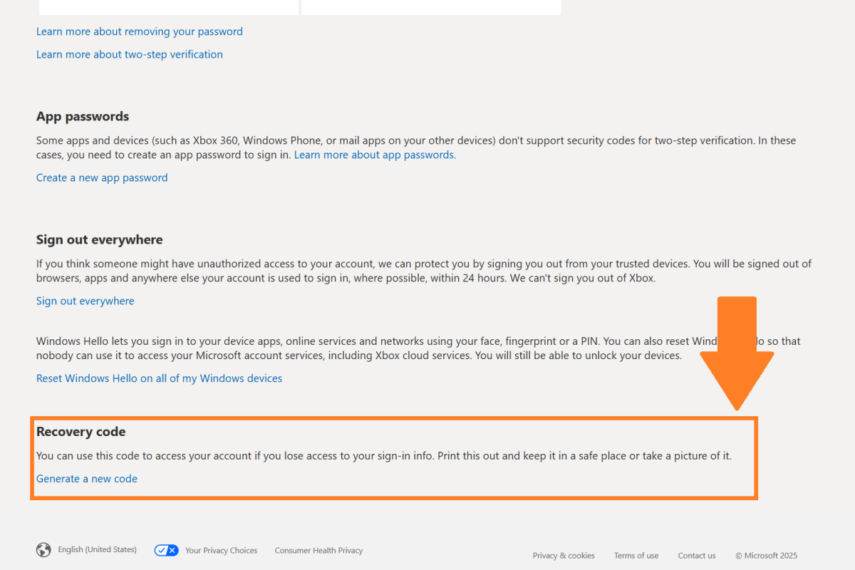 Where to find your Recovery code in Microsoft account security settings