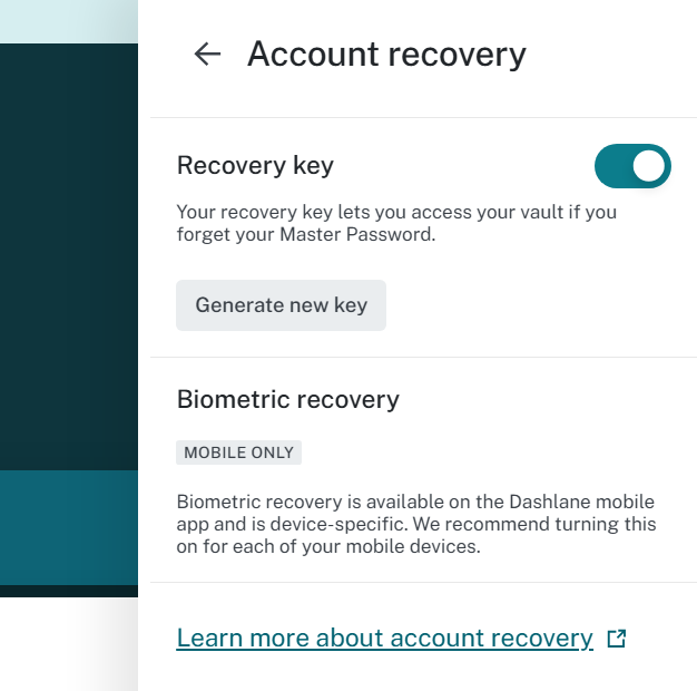 Recovery Key options in Dashlane browser extension