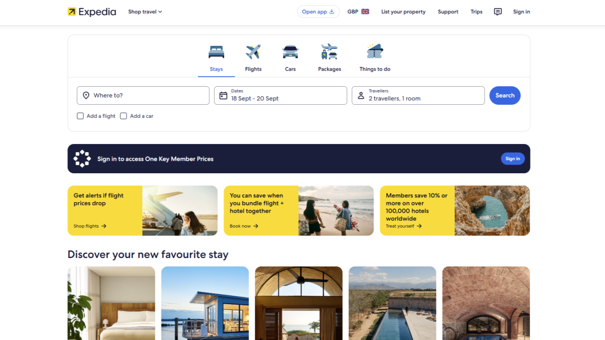 Expedia homepage