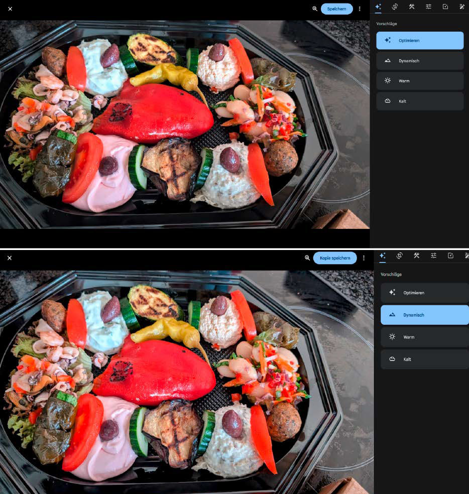 Die vollautomatische Bearbeitungsfunktion „Optimieren“ (im Bild oben) lieferte detailreichere Ergebnisse als die alternativen Optionen, beispielsweise die Option „Dynamisch“ (im Bild unten).