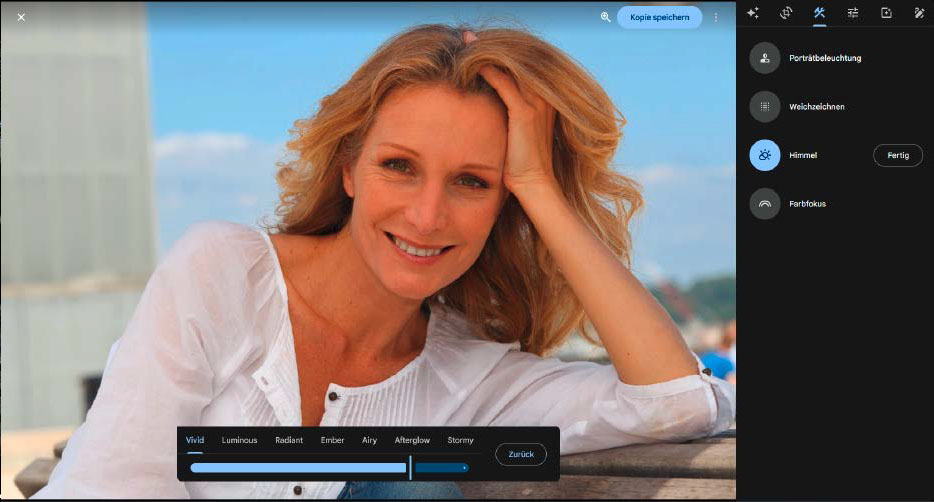 Im Menüpunkt „Tools“ bietet Google Fotos auch am PC einige Bearbeitungswerkzeuge. Allerdings hängt es vom zu bearbeitenden Foto ab, welche Funktionen Ihnen hier tatsächlich zur Verfügung stehen.