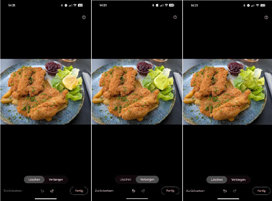 Mit dem magischen Radierer lassen sich markierte Bildbereiche durch Farbanpassung „verbergen“ oder komplett entfernen. Die gelöschten Bildteile werden dann von Google selbstständig ersetzt.