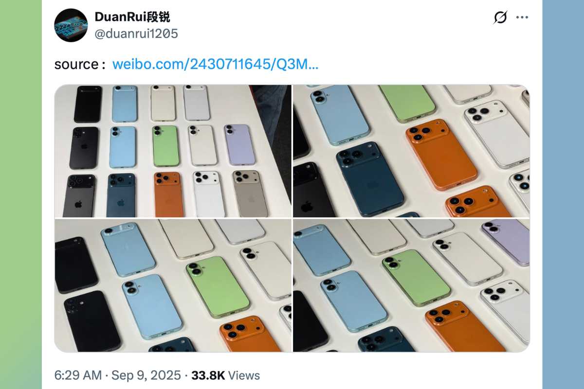 Tweet by DuanRui showing the entire range of iPhone 17 colors