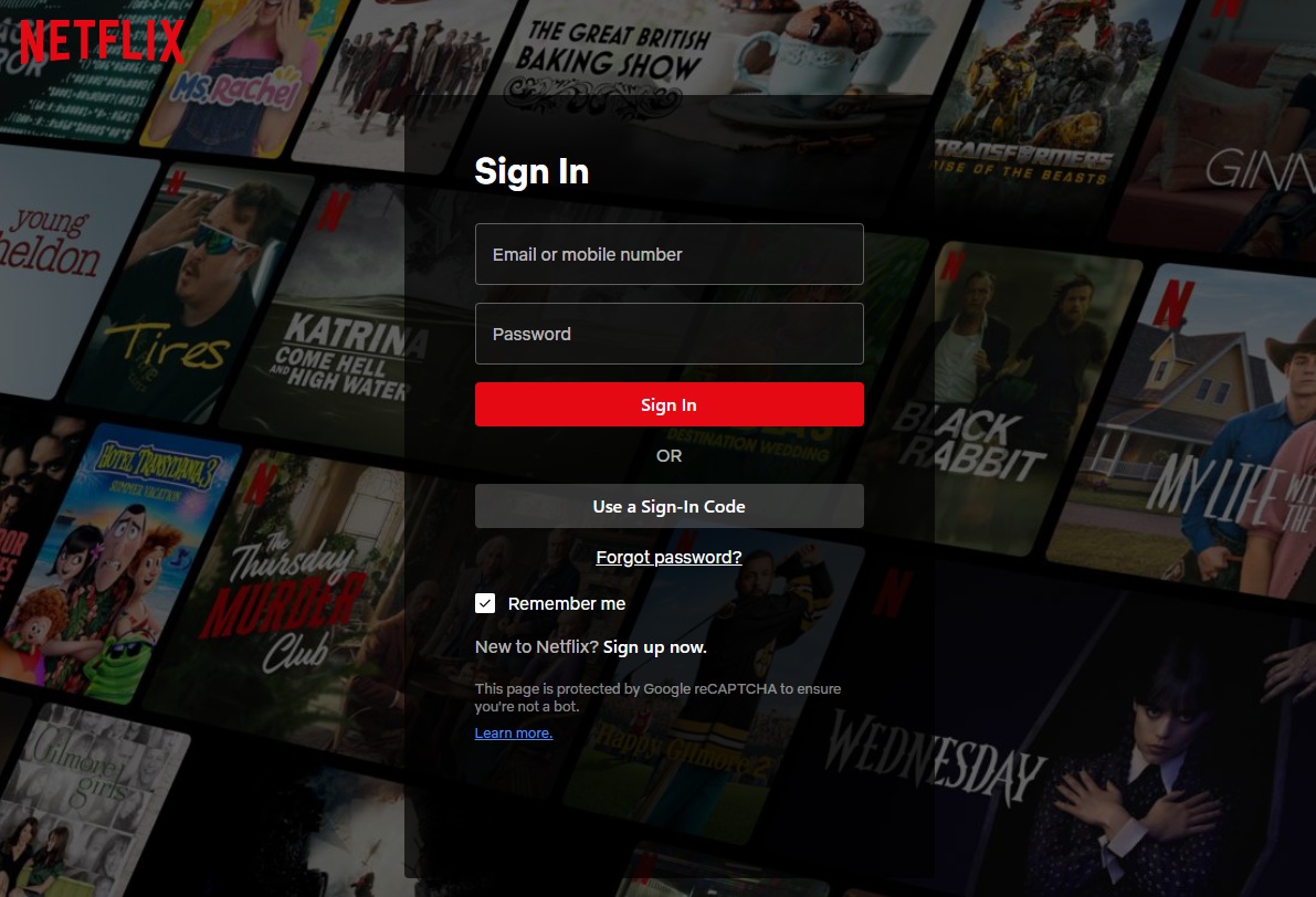 Netflix login page