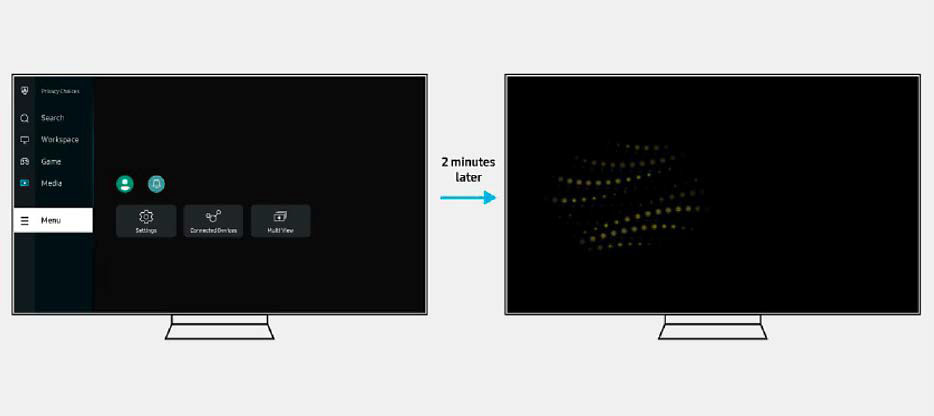 Ein aktivierter Bildschirmschoner – hier bei einem Samsung-OLED-Monitor – schützt die Anzeige vor Schäden durch starre Inhalte, wenn der Rechner gerade nicht genutzt wird.