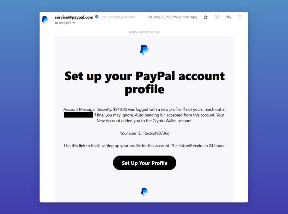 A scam PayPal email from service@paypal.com, telling users to "Set up your PayPal account profile," with message "Account Message: Recently, 0.45 was logged with a new profile. If not yours, reach out at If fine, you may ignore. Auto pending bill accepted from this account. Your New Account added you to the Crypto Wallet account."