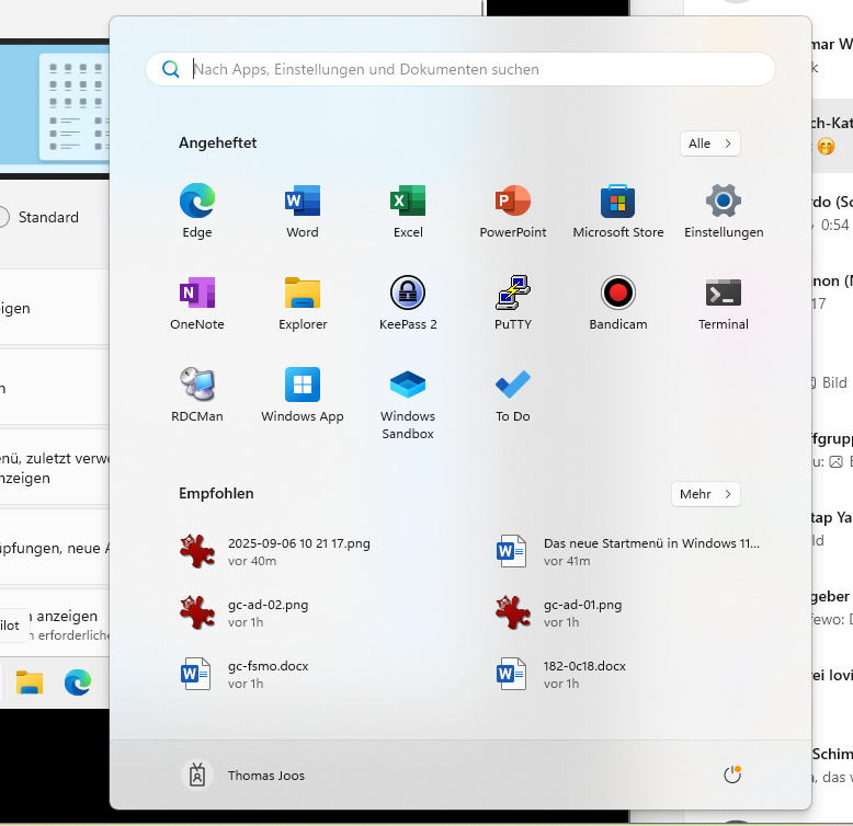 Windows 11 Startmenü in der klassischen Ansicht