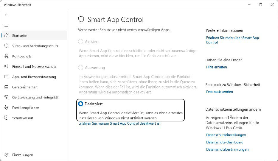 Die Schutzfunktion Smart App Control existiert nur unter Windows 11. Nachträglich lässt sie sich jedoch nicht mehr einschalten, das Betriebssystem muss dazu frisch aufgesetzt werden.