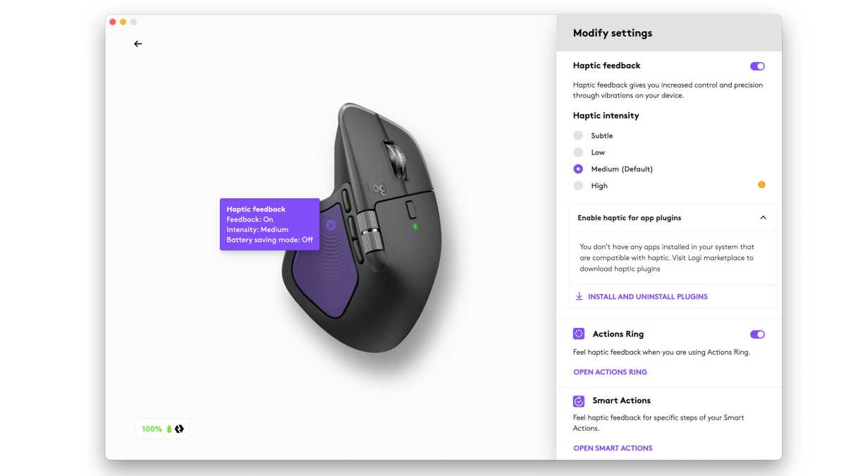 Captura de pantalla de Logitech Options+ App con configuraciones hápticas