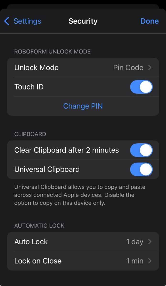 Roboform biometric options in iOS app