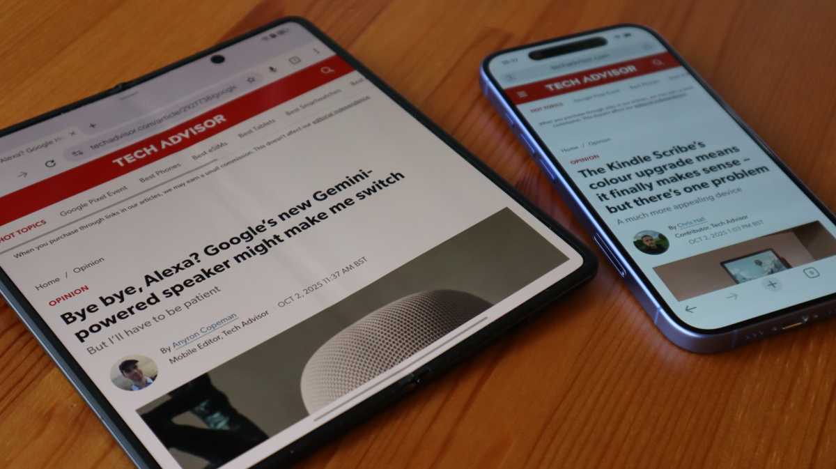 The Honor Magic V5 beside the iPhone 16