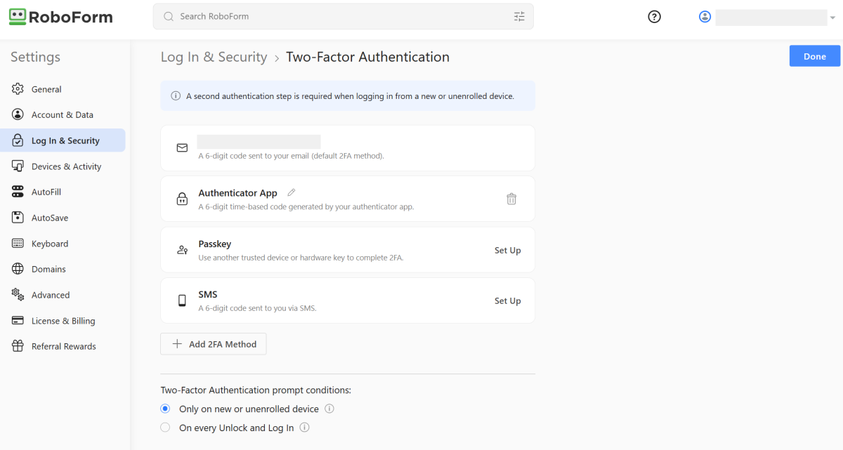 Roboform 2FA options