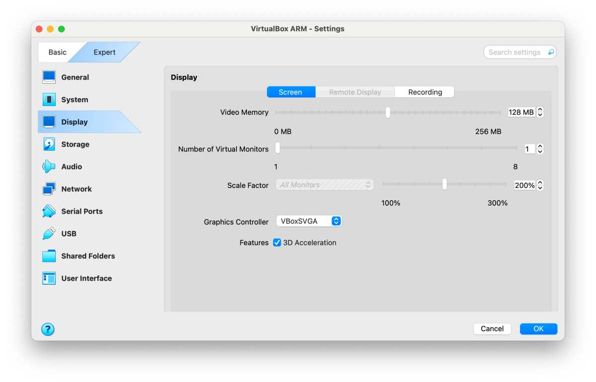 The main Settings dialog box in VirtualBox