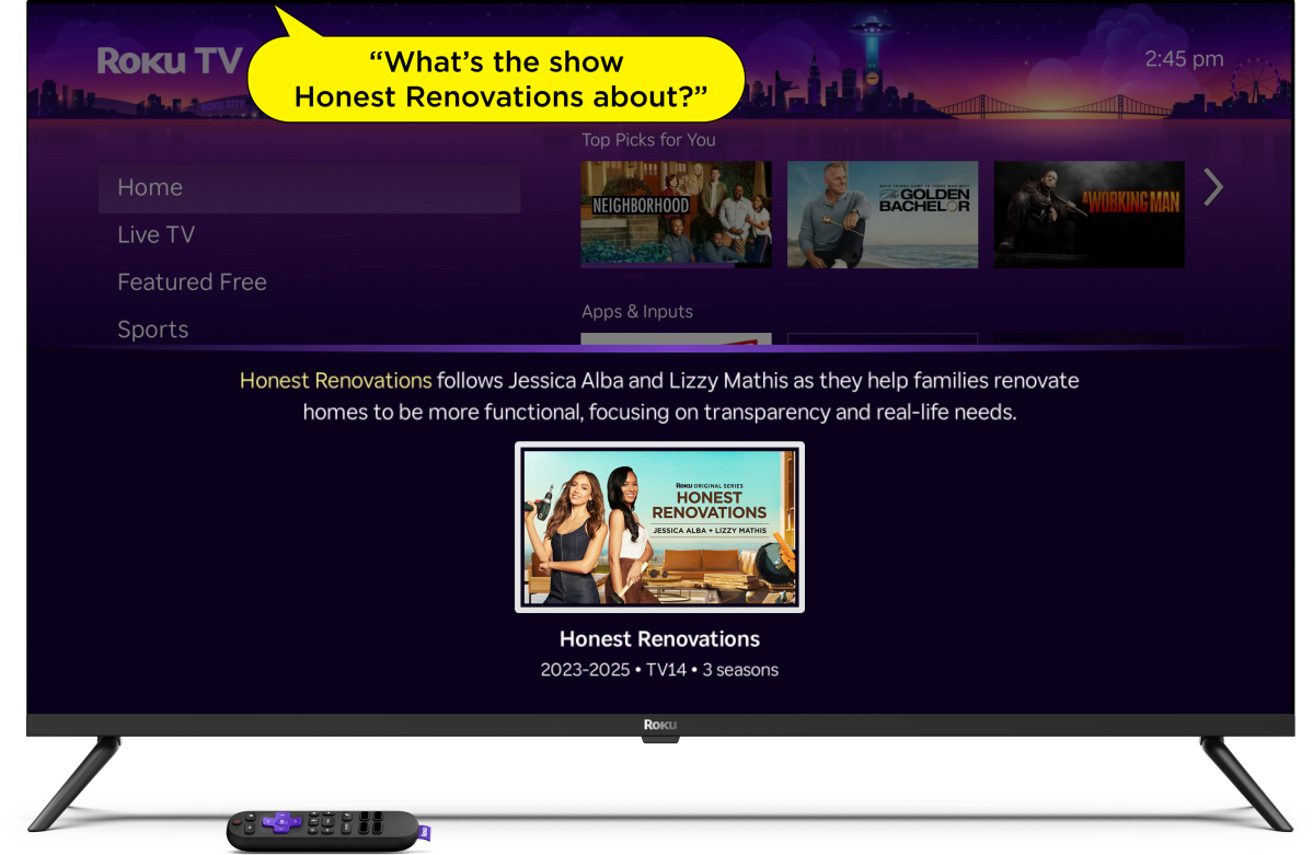 Roku with an illustrated voice prompt asking "What's the show  Honest Renovations about?" and a description provided by Roku's voice assistant, along with a link to the show.