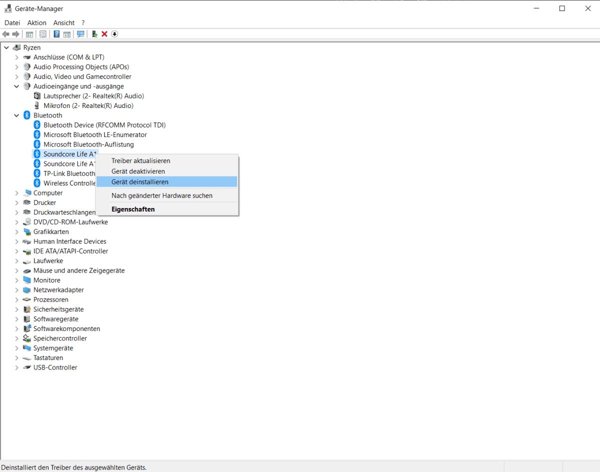 Win 10 Gerätemanager Bluetooth Gerät deinstallieren