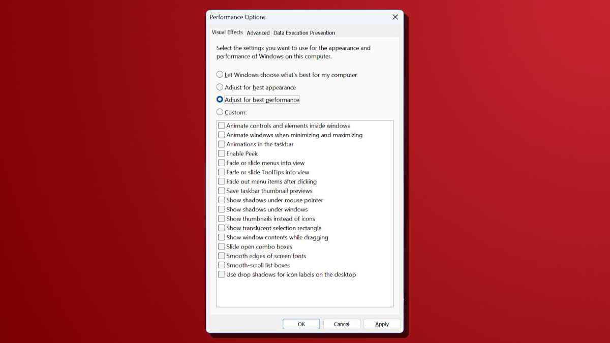 Windows setting disable visual effects adjust best performance
