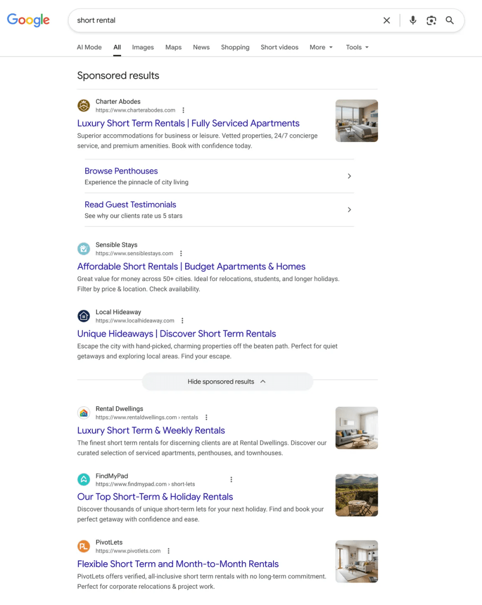 Google Search results with "Hide sponsored results" button)