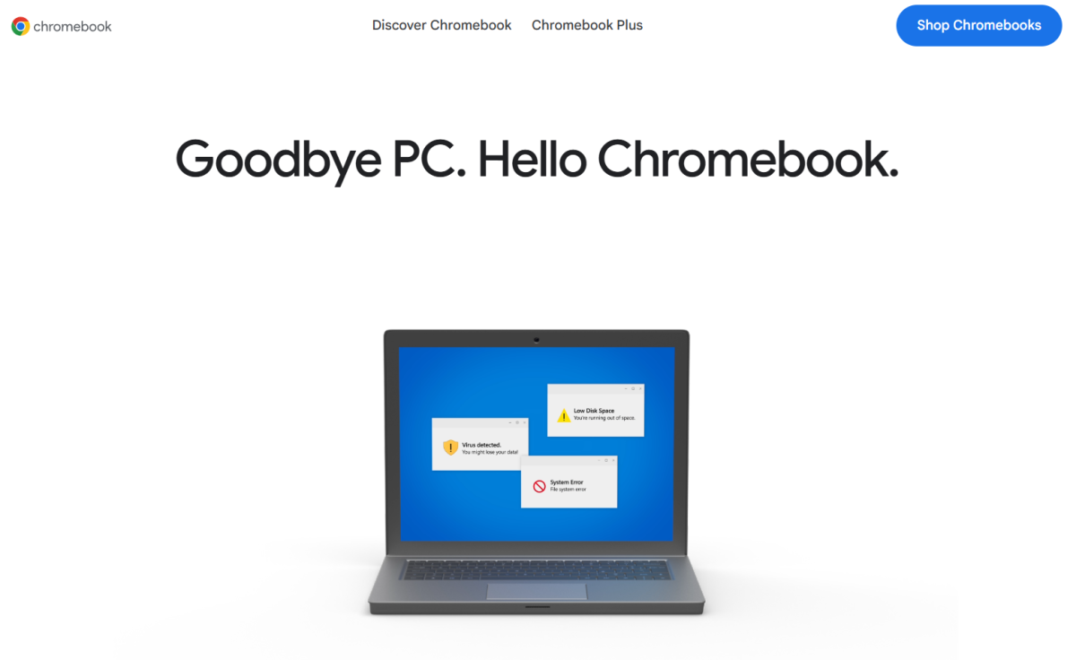 "Goodbye PC. Hello Chromebook." Google advertisement, with laptop and security warnings