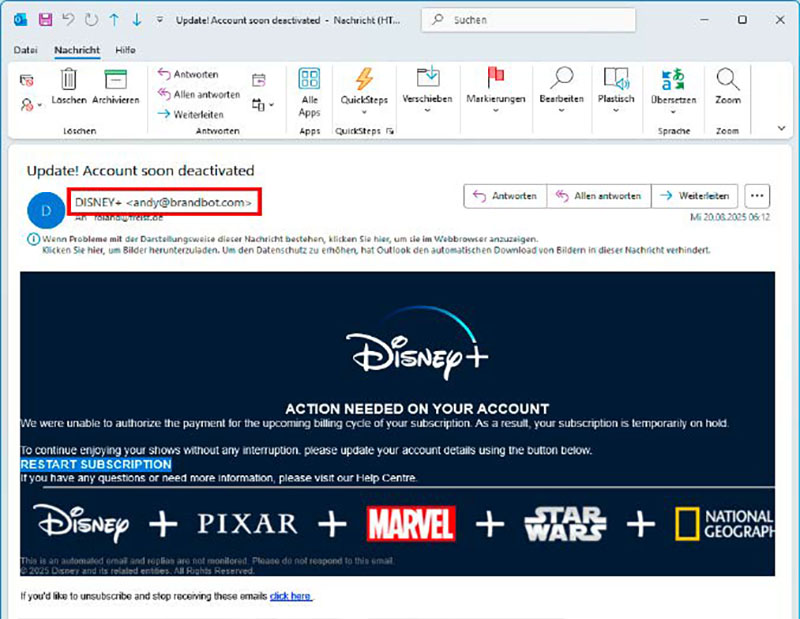 Phishing-Mails lassen sich häufig an den Absenderadressen erkennen. Wenn wie in diesem Fall eine angeblich von Disney stammende Nachricht von andy@ brandbot.com kommt, stimmt etwas nicht.