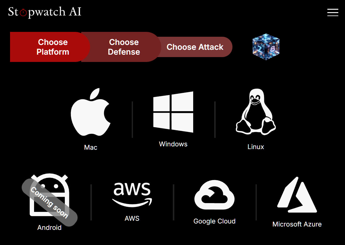 Die Website Stopwatch AI demonstriert, wie sich mithilfe von KI-Tools mit wenigen Handgriffen eine Schadsoftware programmieren lässt. Am Anfang steht die Auswahl des Betriebssystems, das angegriffen werden soll.
