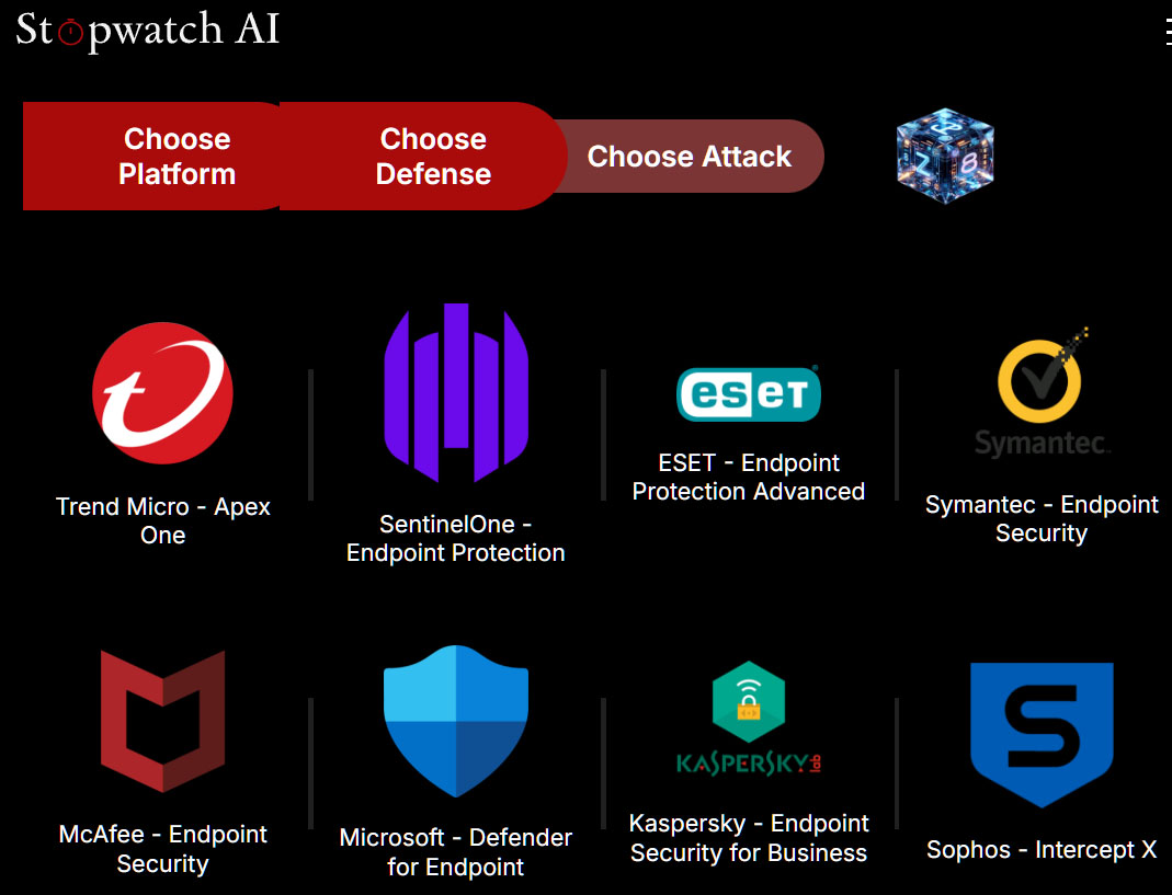 Im zweiten Schritt wählt der Benutzer bei Stopwatch AI das Antivirenprogramm aus, dessen Schwächen er mit seinem Malware-Angriff ausnutzen will. Auch der Microsoft Defender ist hier aufgelistet.