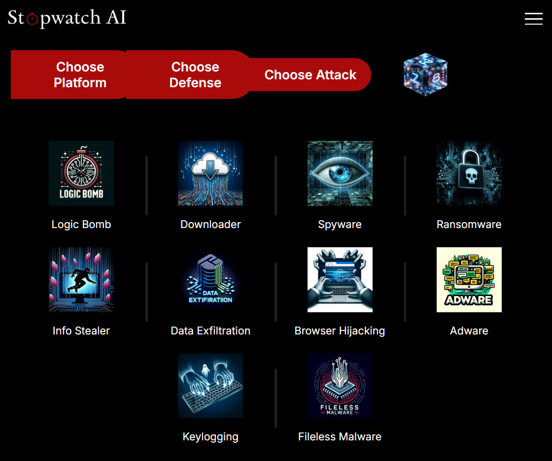 Stopwatch AI bietet zehn verschiedene Malware-Arten an, vom Keylogger bis hin zur Ransomware. Für die Umsetzung der gewählten Schadsoftware muss sich der Benutzer registrieren.