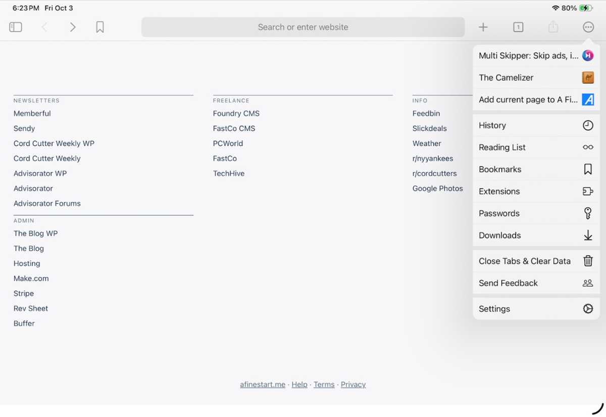 Orion browser on iPad, with a custom new tab page and extensions shown in a sidebar menu.