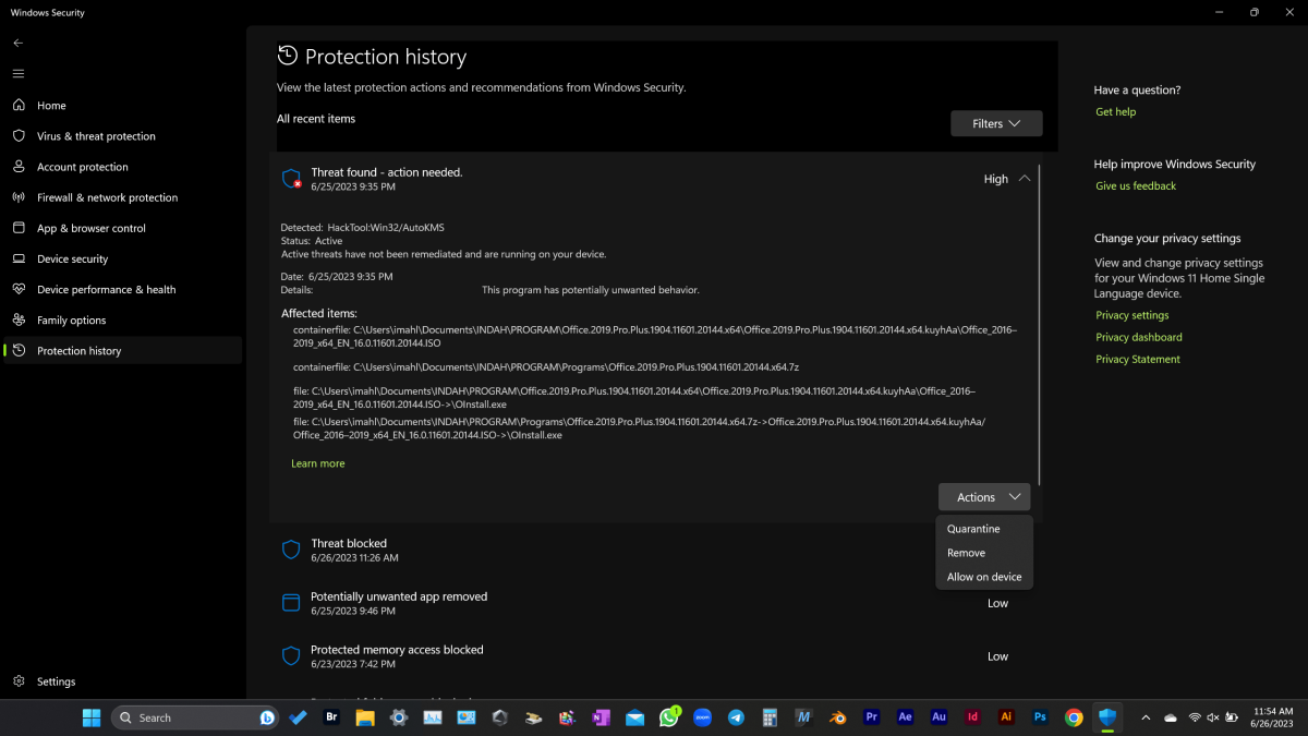 Defender protection history