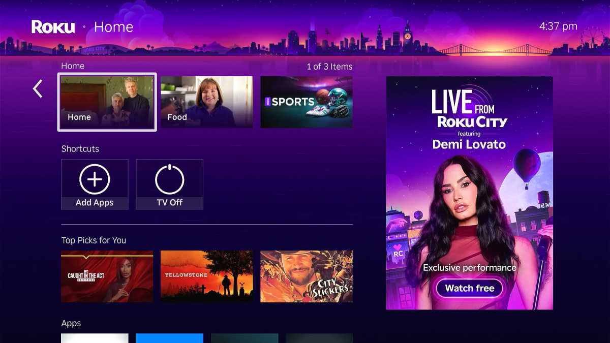Roku home screen filled with non-app tiles.
