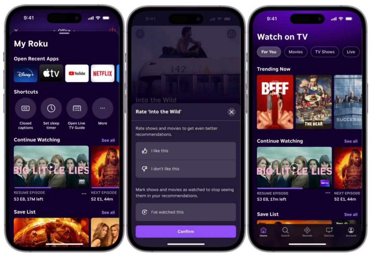 Roku mobile app screenshots, showing shortcuts, ratings, and quick section links