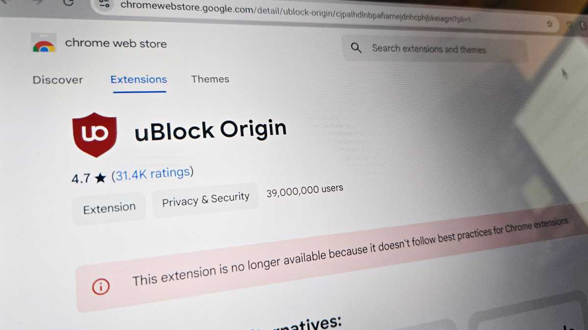 uBlock Origin Chrome Web Store page, showing that it's no longer available