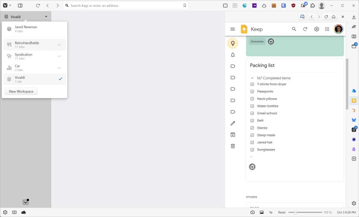 Vivaldi Workspaces and Web Panels