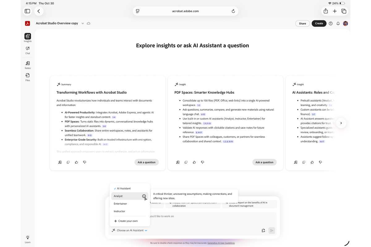 Opciones e información del asistente de Adobe AI en PDF Space