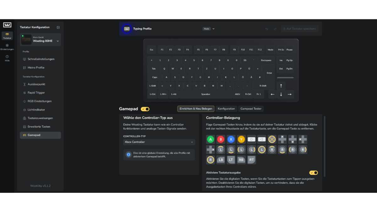 Gamepad-Einstellungen der Wooting 80HE