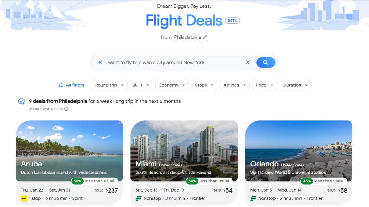 Google Flight Deals beta flights from Philadelphia example