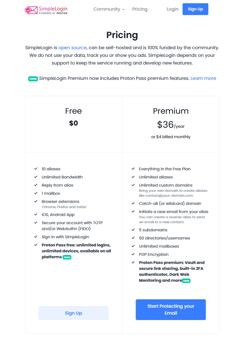 SimpleLogin pricing info (Nov 2025)