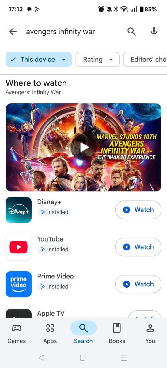 Avengers: Infinity War - Where to watch Google Play Store
