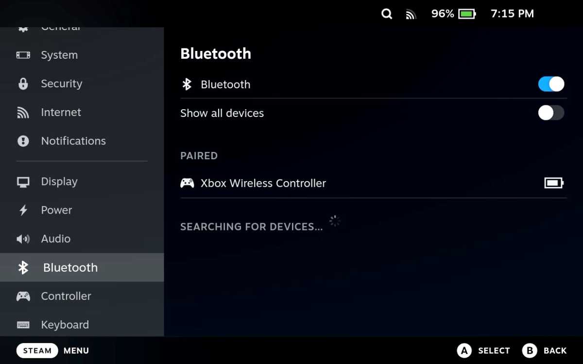 Steam Deck Bluetooth controller pairing screenshot