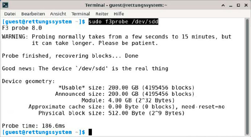 Check mit f3probe: Das Testprogramm ermittelt die vom Controller gemeldete Gesamtkapazität und vergleicht geschriebene Daten in hohen Speicherbereichen, ob diese tatsächlich lesbar sind.