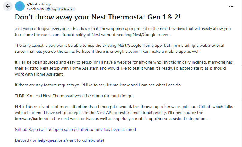 Google Nest Thermostat Gen 1 and 2 workaround Reddit post