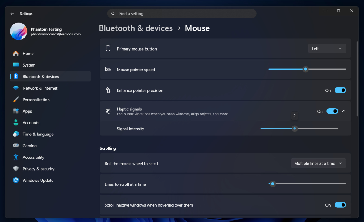 Windows 11 preview haptic trackpad settings 