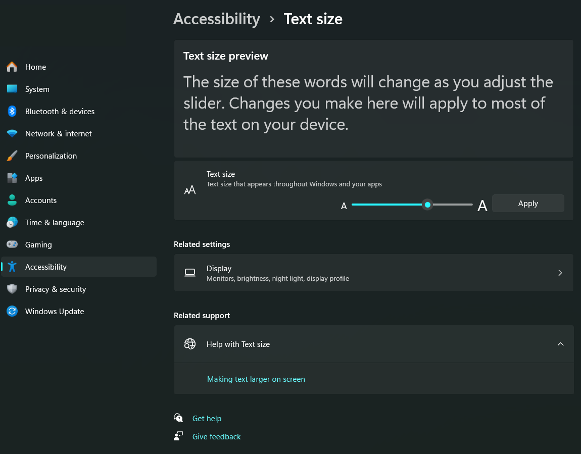 Windows 11 Accessibility text size settings menu