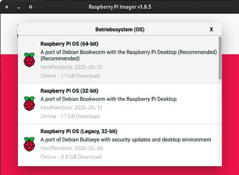 RPI-Imager: Hier wird das Image ausgewählt, das anschließend auf die SD-Karte geschrieben wird. Ganz unten in der Liste befindet sich der Eintrag „Use custom“. Damit können Sie ein fertiges Image auswählen, das bereits das Schachprogramm enthält.