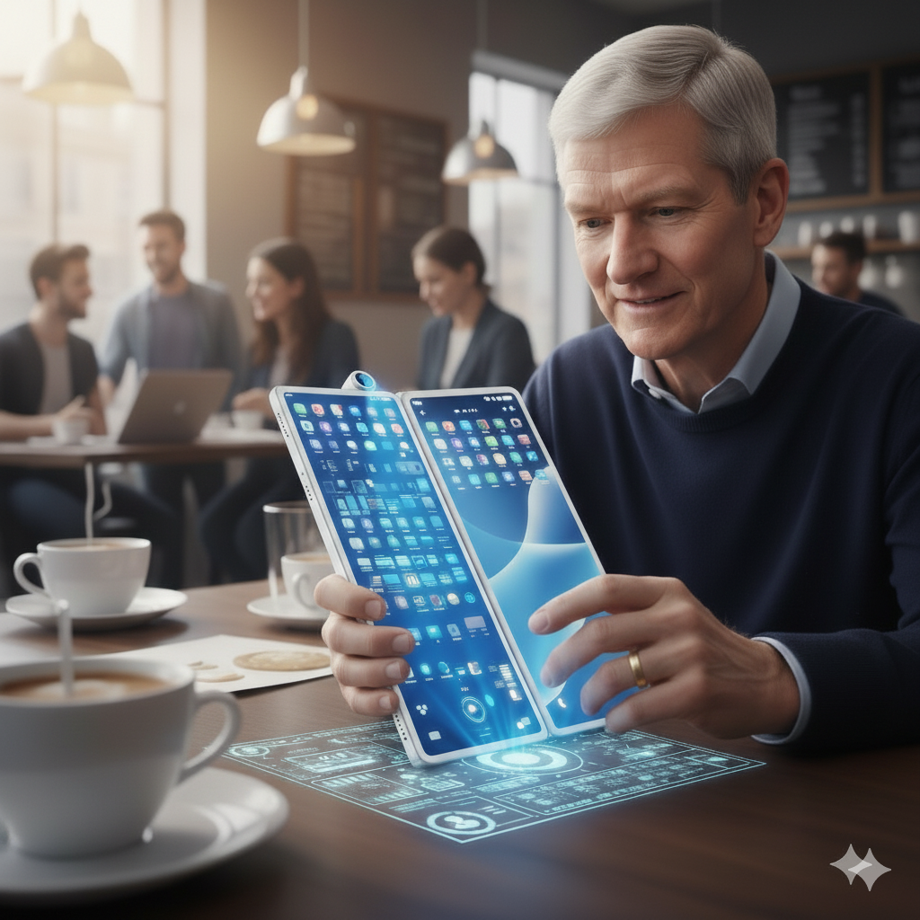 Maqueta de Tim Cook sosteniendo un iPhone plegable