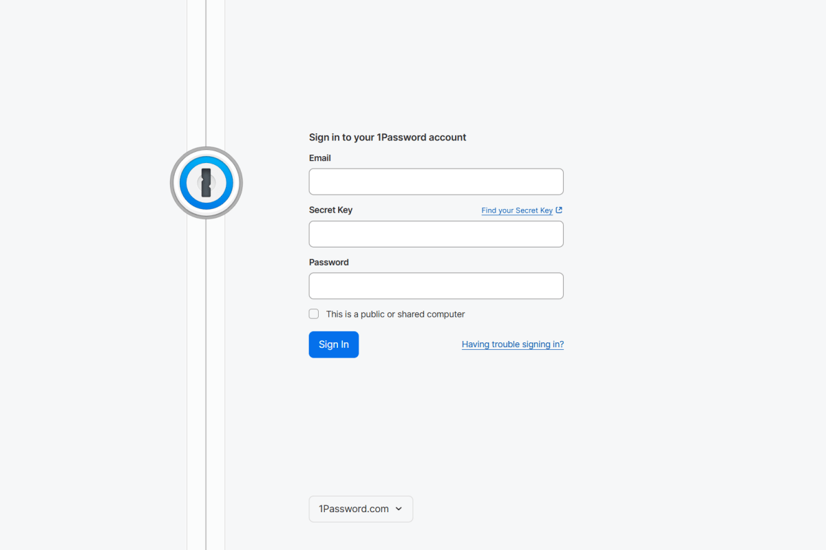 1Password - Login screen on web showing password and secret key fields (Dec 2025)