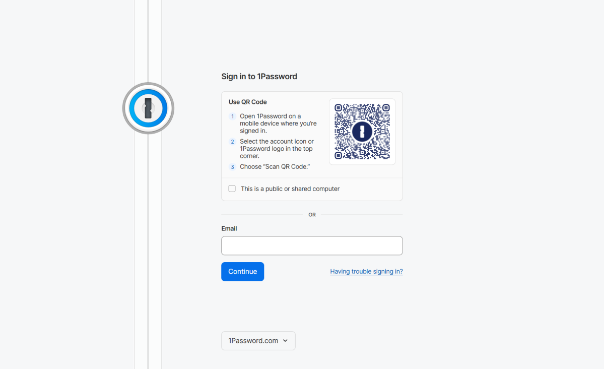 1Password login with QR code screen
