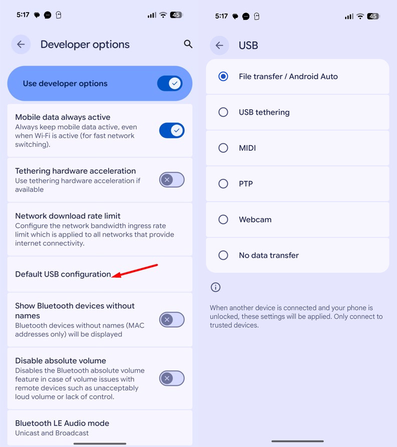 Steps to enable Default USB configuration in Pixel 10 Developer options