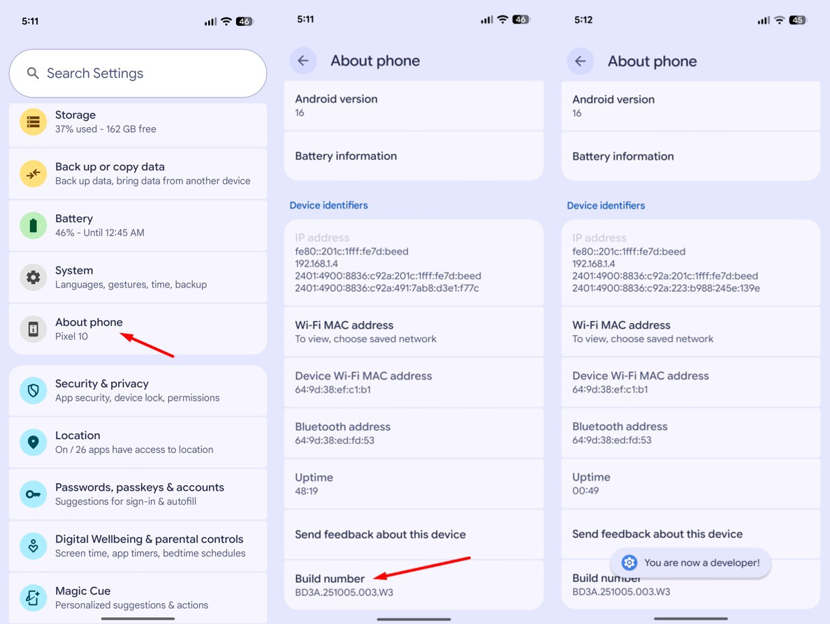 Steps for enabling developer options on Pixel 10